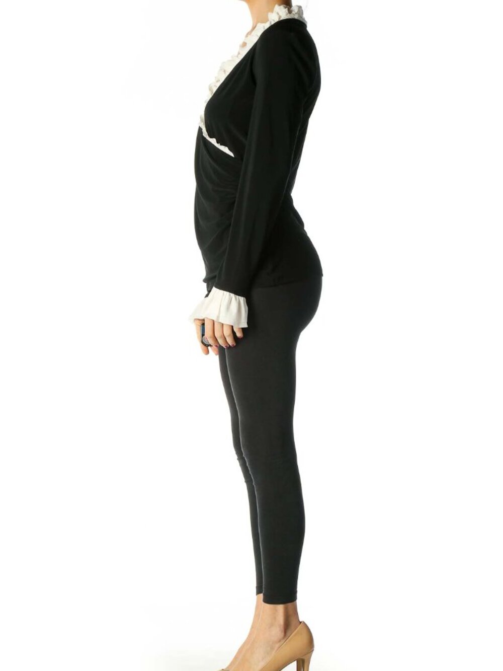 White House Black Market Black Solid Ruffle Top - Picture 3 of 4
